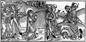 Episode aus dem Leben des Heiligen Donat (gestorben um 355). Gravur aus „Leben der Heiligen - Sommerteil“ (Das Buch der Heiligen) von Jacobus (James) von Voragine (1228-1298). Lübeck 1488.