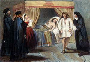 Episode der Mannbarkeitsprüfung von Vincent I. Gonzaga (1562 - 1612), Herzog von Mantua, für seine Heirat mit der Tochter von François de Medici, Eléonore im Jahr 1584. Er wurde verdächtigt, keine Erben zu haben. Lithographie des 19. Jahrhunderts