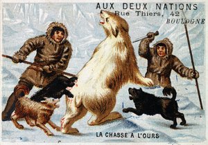 Eskimos, Bärenjagd, Werbung des Geschäfts „aux deux nations“, Boulogne, ca. 1895 von Unknown artist