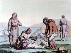 Eskimos machen Feuer, indem sie Holzstücke aneinander reiben. von Unknown artist