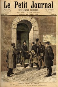Eugene Turpin (1848-1927), Chemiker, Erfinder von Melinit (einem Sprengstoff) im Jahr 1884, zu Unrecht beschuldigt, seine Erfindung an den Feind verkauft zu haben, wurde unschuldig erklärt und aus dem Gefängnis von Etampes entlassen. Gravur in „Le petit jo