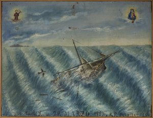 Ex-voto (ex voto) Seemann, beliebtes Angebot als Zeichen der Hingabe und Dankbarkeit des Seemanns, der die Gefahren des Meeres überlebt hat, aus der Kirche von Carmine, Torre del Greco, nahe Neapel, 29.03.1894 Italien