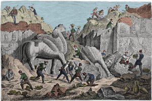Ausgrabungen von Paul-Emile Botta, Konsul von Frankreich in Ninive am Standort von Khorsabad, ehemalige assyrische Hauptstadt nördlich von Mossul. Irak. Gravur des 19. Jahrhunderts von Unknown artist