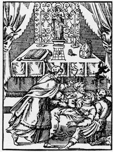 Exorzismus: ein Dämon verlässt den Körper einer besessenen Hexe, während ein Priester ihr die Kommunion anbietet - Gravur aus „Prodigious Stories“ von Pierre Boaistuau von Unknown artist