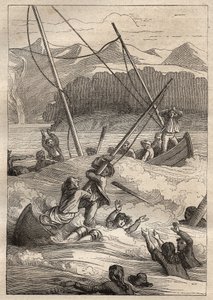 Expedition um die Welt (1785-1788) von Jean Francois Galaup de La Perouse (1741-1788): Schiffbruch der Boote im Hafen der Franzosen (Alaska) - Illustration aus „Die großen Seefahrer des 18. Jahrhunderts“
