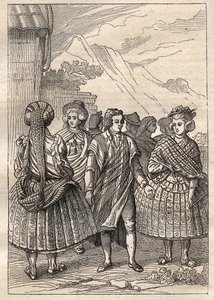 Weltumsegelung (1785-1788) von Jean Francois Galaup de La Perouse (1741-1788): Kostüme der Bewohner von Concepcion (Chile) - Illustration aus „Die großen Seefahrer des 18. Jahrhunderts“