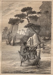 Expedition von Nicolas Thomas Marion-Dufresne (Marion Dufresne) (1729-1772): Kanus von den Inseln der Admiraut (Bismarck-Archipel, Papua-Neuguinea) - Illustration aus „Die großen Seefahrer des 18. Jahrhunderts“