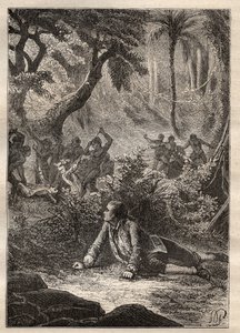 Expedition von Nicolas Thomas Marion-Dufresne (Marion Dufresne) (1729-1772): Der einzige überlebende Matrose bezeugt das Massaker an all seinen Kameraden, einschließlich Marion, durch die Eingeborenen der Assassins Bay (Matuaro-Insel, Neuseeland) - Illustr