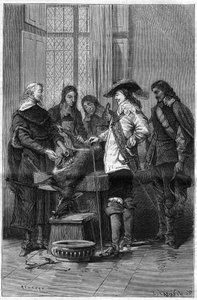 Experiment von William Harvey (1578-1657), englischer Arzt, der Charles I. Stuart (1600-1649), König von England, und den Ärzten des Royal College of London das Phänomen des Blutkreislaufs an einer lebenden Hirschkuh zeigt. Gravur in "La Nature" von Unknown artist