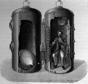 Experiment zum barometrischen Druck von Physiologe Paul Bert: Atmung von sauerstoffreicher Luft, die durch Druckabnahme expandiert. Gravur in „La Nature: revue des sciences et de leurs applications aux arts et a l