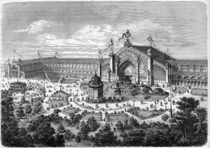 Weltausstellung in Lyon: Die Galerien vom Park aus gesehen. (L