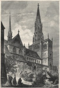 Außenansicht der Kathedrale Notre Dame in Konstanz, Deutschland. Gravur in „The Universe illustrious“