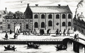 Außenansicht des Gebäudes der Universität Leiden, gegründet 1575 von Guillaume de Nassau. Gravur nach „Illustrium Hollandiae, etc, Ordinum, Alma academia Leydensis“ von Unknown artist