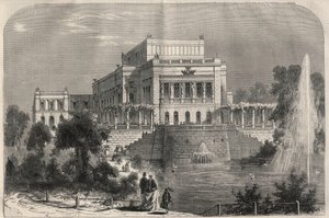 Außenansicht des neuen Theaters in Leipzig, Deutschland. Gravur in „L
