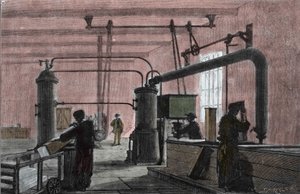Fabrik zur Herstellung von Eis mit dem System von Ferdinand Carre (1824-1894). Gravur aus dem 19. Jahrhundert.