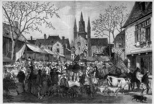 Jahrmarkt in der Bretagne auf dem Platz eines Dorfes. Gravur in "Le Monde Illustré" von Unknown artist
