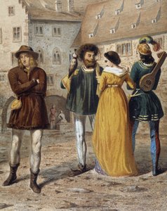 Falkner, Dame und Troubadour: Straßenszene in Straßburg im Mittelalter