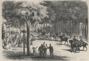Familienaufenthalt in Fontainebleau: Ausflug ihrer Majestäten zu den Ruinen von Franchart. Eine Hochzeit begrüßt den Durchgang von Kaiser Napoleon III. (1808-1873) und seiner Familie. Gravur in „Das illustre Universum“
