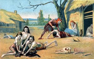 Hungersnot im Mittelalter. Chromolithographie 19. Jahrhundert
