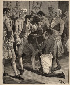 Berühmte Diamanten: die „Wunder der Wunder“, präsentiert dem Kaiser von Brasilien, Joao VI. von Portugal (Johann VI., der Klemente) im Jahr 1809. Gravur von 1885 in „Les arts et métiers illustrés“ von Adolphe Bitard.