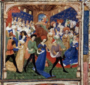 Fest am Hofe von König Artus. Königin Genievre ist von 12 Königen umgeben. Miniatur aus dem Manuskript „Der Roman der Suche nach dem Gral“ 1450-1460 Dijon. Stadtbibliothek