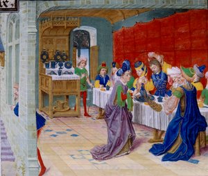 Festmahl-Szene, ein Pfau wird auf dem Tisch serviert. Miniatur aus „La Vraye Histoire du Bon Roy Alixandre“ von Kallisthenes (ca. 360-328 v. Chr.) von Unknown artist