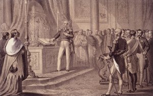 Ferdinand I. von Bourbon oder Ferdinand IV. (1751 - 1825), König von Neapel, eröffnete die Verfassung von 1820 - in „Storia d