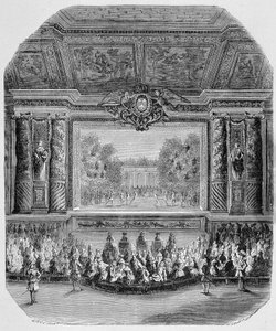 Fest von Ludwig XIV, von Herzog von Saint Aignan (Komödie in Musik, gespielt im Park von Versailles) Gravur
