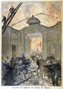 Feuerwehreinsatz während des Brandes der Dekorwerkstatt der Oper. Illustration des „Petite Journal“ im Jahr 1894 von Unknown artist