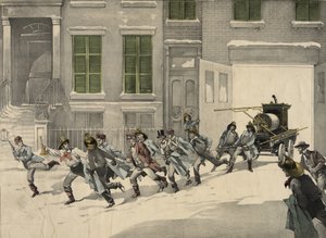 Feuerwehrleute rücken zu Notrufen am Brandort aus, Aquarell von 1895. USA von Unknown artist