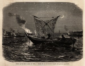 Feuerfischen in der Bucht von Yedo (oder Edo, heutiges Tokio), während der Nacht, jedes Boot trägt eine Art Grill an der Vorderseite, das Licht zieht Fische an, die mit einem großen Netz gefangen werden. Illustration Japans, Reisebericht von Aime Humbert,  von Unknown artist