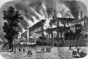 Brand des Rechnungshofs und der Ehrenlegion am 23. März 1871 während der Kommune in Paris. Gravur aus dem 19. Jahrhundert von Unknown artist