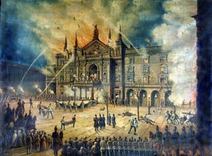 Brand der Wiener Oper Wiener Ringtheater im Jahr 1881. Zeichnung aus dem 19. Jahrhundert von Unknown artist