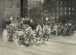 Feuerwehrfahrzeug von Pferden gezogen, das an der Brandstelle ankommt. USA. 1895 von Unknown artist