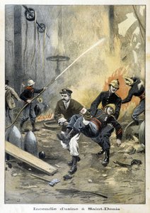 Feuerwehrleute im Einsatz während eines Brandes in der Usine in Saint Denis. Illustration des „Petity Journal“ von 1899 von Unknown artist