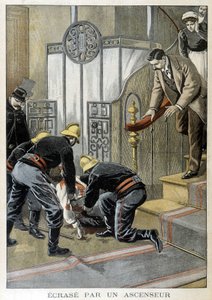 Feuerwehrleute retten einen Mann, der von einem Aufzug in einem Pariser Gebäude eingeklemmt wurde. Illustration des „Little Journal“ von 1899. von Unknown artist