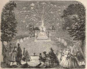 Feuerwerk und Beleuchtung des Schlosses Maison Laffitte am Abend des Wettbewerbs des Landwirtschaftsausschusses. Gravur in „Le Monde illustré“ von 1857. Private Sammlung.