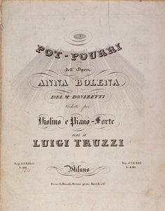 Erste Seite der Noten eines Potpourris von Anna Bolena, Oper von Gaetano Donizetti