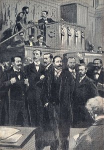 Erste Sitzung der Abgeordnetenkammer, gewählt 1898: Paul Deschanel (1855-1922), Präsident der Abgeordnetenkammer. Paul Adolphe Granier de Cassagnac (1842-1904), Lucien Millevoye (1850-1918), Paul Deroulede (1846-1914), Jacques Piou (1838-1932), Eugen.