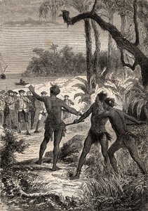 Erste Reise (1768-1771) von Kapitän James Cook (1728-1779): während Cook und zehn Matrosen an der Südküste von Neuguinea segeln, tauchen drei Indianer mit großem Geschrei aus dem Wald auf - Illustration aus „Die großen Seefahrer des 18. Jahrhunderts“ von Unknown artist