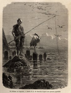 Fischer der Yedo-Bucht (oder Edo, dem heutigen Tokio), von einem Adler ergriffen, bei Ebbe, die Boote legen die Fischer auf trockene Steine in der Bucht, diese bleiben aufrecht, bewegungslos und fischen mit dem Haken die Fische, die sie in eine lange
