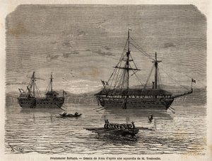Schwimmende Strafkolonien von Französisch-Guayana, eine Kolonie, die der Gefangenschaft derjenigen gewidmet ist, die die Gerichte übernommen haben und der Männer, die bleiben mussten. Gravur zur Illustration der Reise nach Französisch-Guayana in den Jahren von Unknown artist