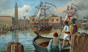 Ehemalige Einkaufszentren: Rückkehr einer venezianischen Flotte nach Venedig im 19. Jahrhundert. Chromolithographie des späten 19. Jahrhunderts