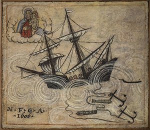 Ehemaliges Votivbild (ex voto) eines Seemanns, populäres Angebot als Zeichen der Hingabe und Dankbarkeit des Seemanns, der den Gefahren des Meeres entkommen ist, aus der Kirche der Heiligen Jungfrau des Bogens von Neapel (Madonna dell