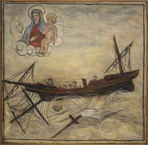 Ehemaliges Votivbild (ex voto) eines Seemanns, beliebtes Opfer als Zeichen der Hingabe und Dankbarkeit des Seemanns, der die Gefahren des Meeres überlebt hat, aus der Kirche von Carmine, Torre del Greco, in der Nähe von Neapel