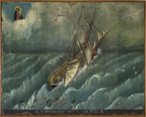 Ehemaliges Votivbild (ex voto) eines Seemanns, beliebtes Opfer als Zeichen der Hingabe und Dankbarkeit des Seemanns, der die Gefahren des Meeres überlebt hat, aus der Kirche von Carmine, Torre del Greco, in der Nähe von Neapel
