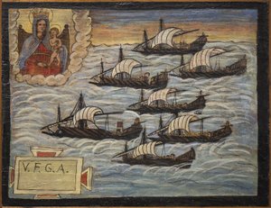 Ehemaliges Votivbild (ex voto) eines Seemanns, beliebtes Opfer als Zeichen der Hingabe und Dankbarkeit des Seemanns, der die Gefahren des Meeres überlebt hat, aus der Kirche der Heiligen Jungfrau des Bogens von Neapel (Madonna dell