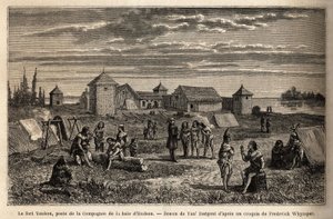 Fort Youkon im Golf von Norton, Alaska, gegründet 1847, ein Standort der Hudson Bay Company, Indianer lagern um die Palisaden. Illustration der Reise und Abenteuer in British Columbia, Vancouver Island und Alaska, von Frederick