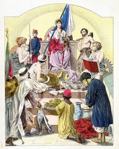 Frankreich, unter den Zügen von Marianne, umgeben von seinen personifizierten Kolonien (in „Geschichte Frankreichs“ von E. Grobet, ca. 1915) von Unknown artist