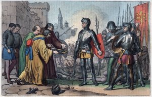 Francesco Ferrucci (1489-1530) erhält die Schlüssel der Stadt Volterra - Gravur aus „Usi e Costumi di Tutti i Popoli dell